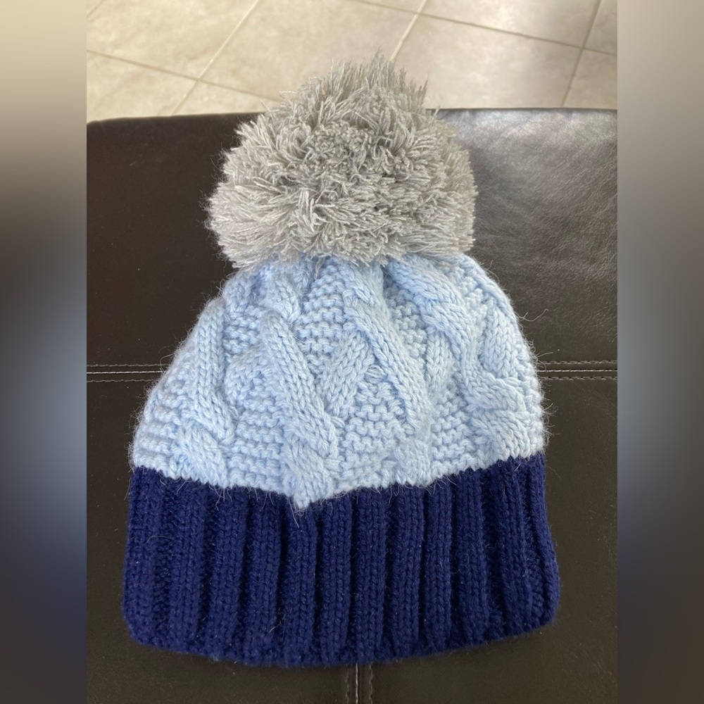 Cozy Blue and Gray Kids Pom-Pom Beanie